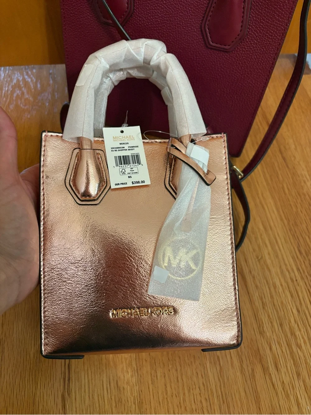 NWT Michael Kors XS Rose Gold Metallic & NWOT Burgundy Crossbody Set